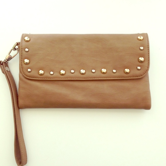 Tan studded wristlet clutch