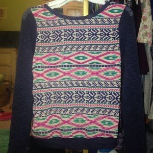 Sweater with a sheer front & dark blue sleeves