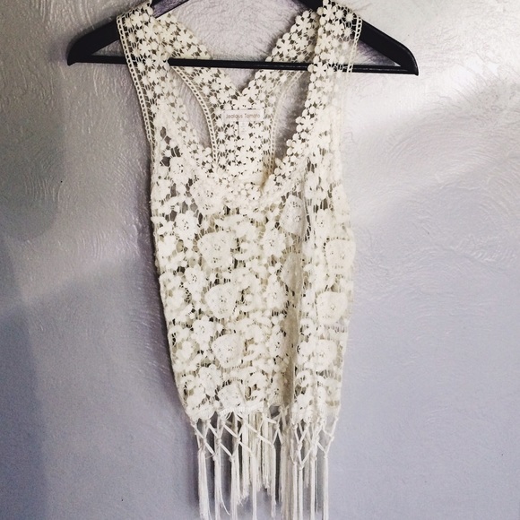 White lace crochet and fringe tank
