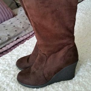 Brown suede wedge boots