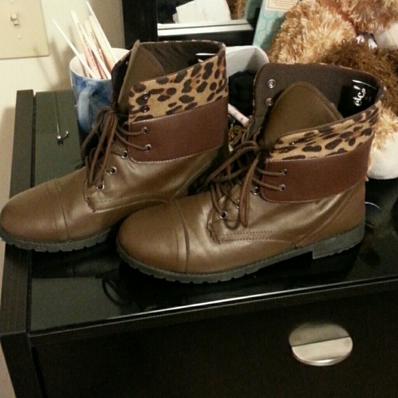 Brown & Cheetah Print Fold Down Combat Boots - Picture 1 of 4
