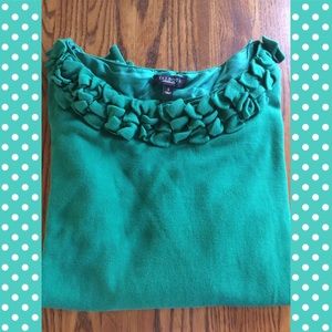 Talbots pullover green sweater w/ruffled neckline