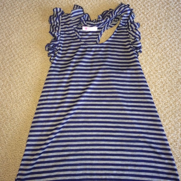 i <3 pinc Blue and Grey striped ruffle shoulder