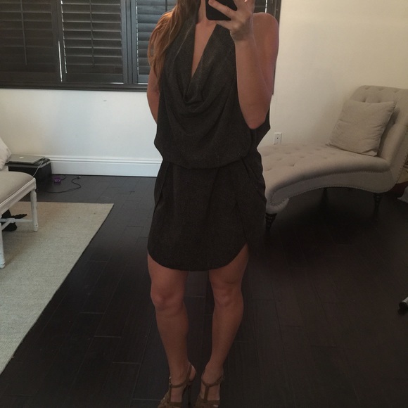Draped dress open back blk/ cream micro dot