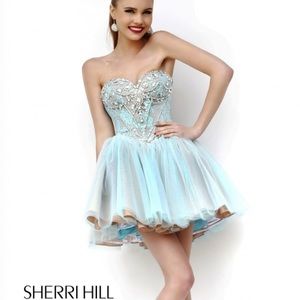Sherri Hill 21156 Aqua Nude.  Prom Strapless Short