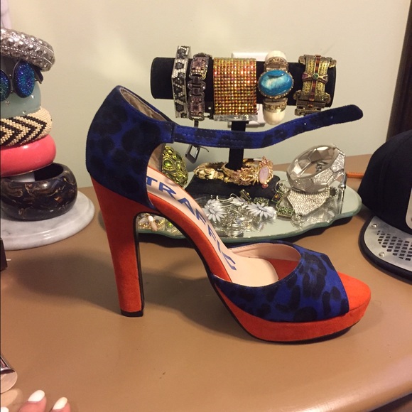 Orange and blue leopard heels