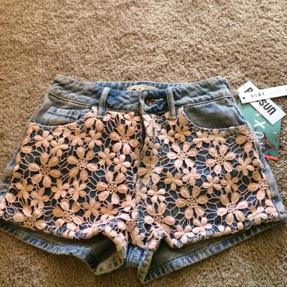 Pink lace over blue Jean shorts by Roxy for Pacsun
