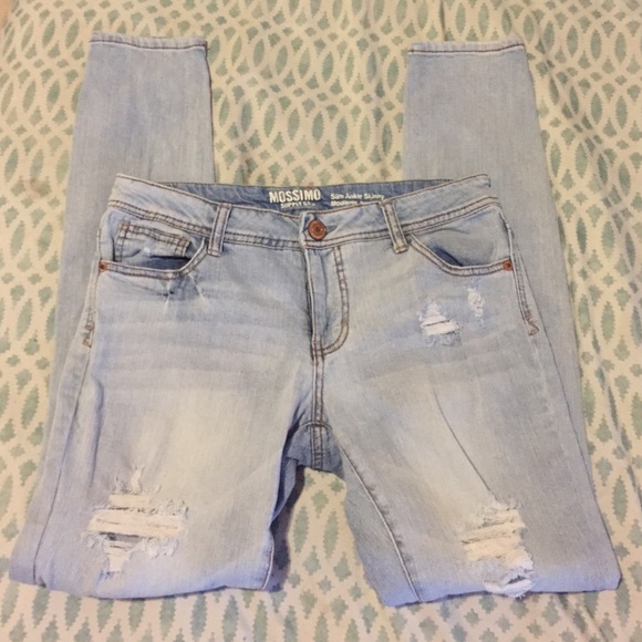 Light blue ripped skinny jeans.