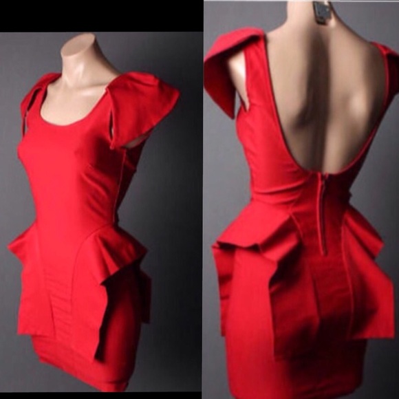 Red architectural dress with origami panels