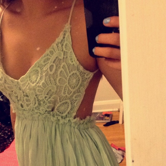 mint blue pastel backless crochet lace maxi dress - Picture 2 of 4