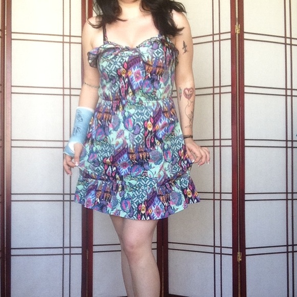 Abstract Multi Color Sun Dress w/ Ruffles - Picture 2 of 4