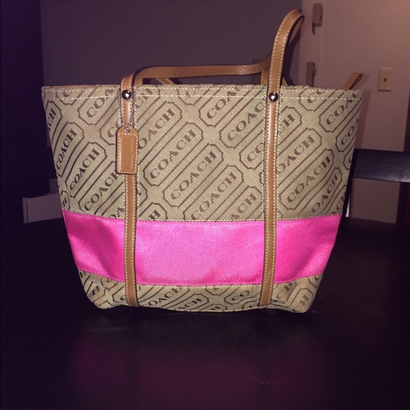 Khaki and hot pink Coach tote