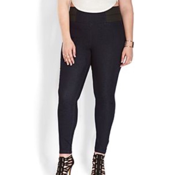 Denim jeggings.  Color indigo. Very flattering.