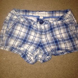 Blue and white plaid shorts