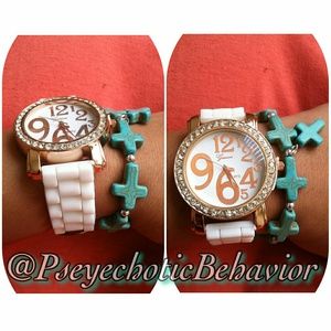 White watch plus faux turquoise cross bracelet