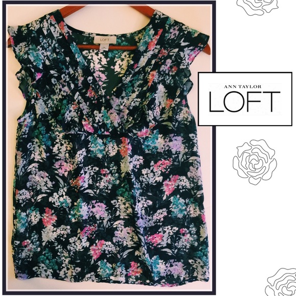 LOFT Navy Blue Floral Print Blouse