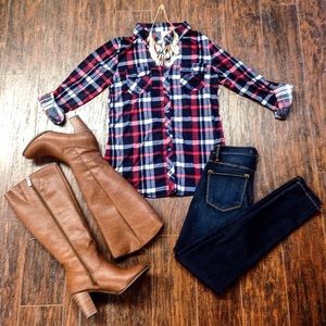 Red white and blue plaid shirt