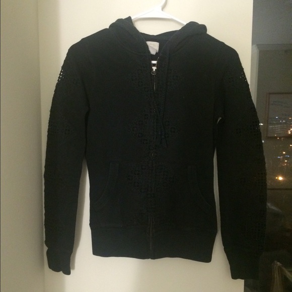 lucky brand black crochet embroidered hoodie xs