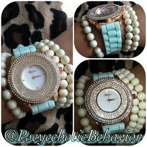 Mint Green Blingy Watch w/ Beaded Bracelet