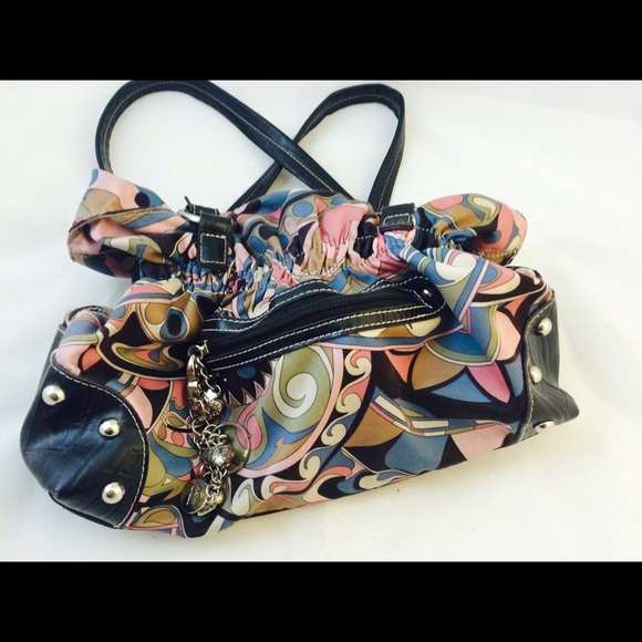 Colorful satin satchel w/rhinestones & Leather - Picture 2 of 3