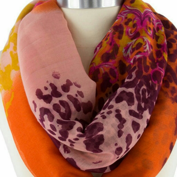 Neon Orange Leopard/Scroll Print Infinity Scarf
