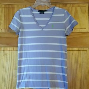 Polo purple and white striped v neck t shirt