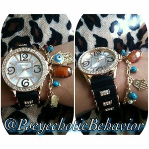 Black Blingy watch with hamsa bracelet