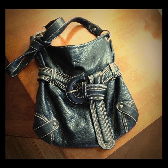 Black Bucket/Slouch Belted Purse, Cream Stitch