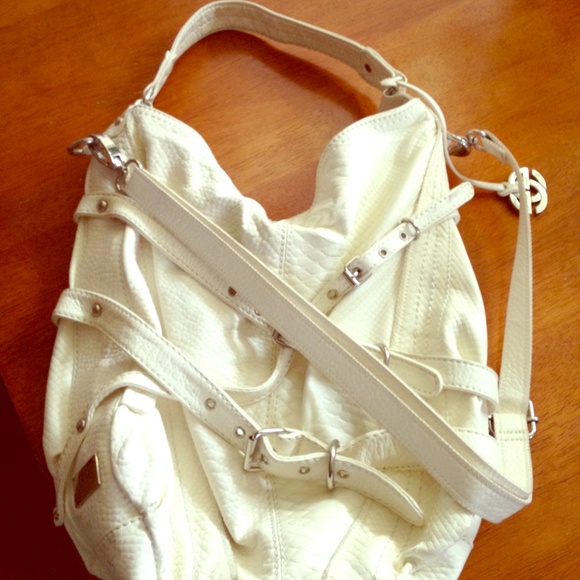 White Slouch/Bucket Belted Purse - Nickel hardware