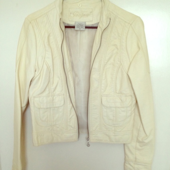Cream Moto Jacket w/Removable Hood - Faux Leather