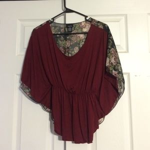 Dark Red Flowy Top with Sheer Floral Back
