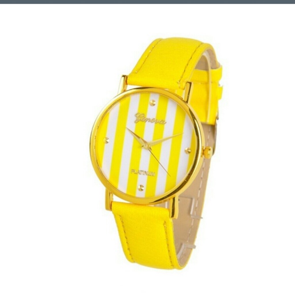 Sunshine Yellow Watch w/striped face. NEW - Picture 3 of 4