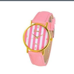 Baby Pink Wristwatch w/striped face.Leather,NEW