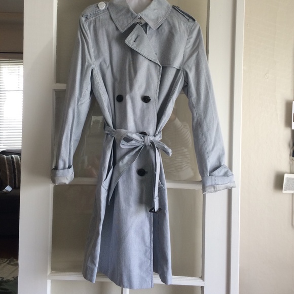 Gap blue and white pinstripe rain trench coat