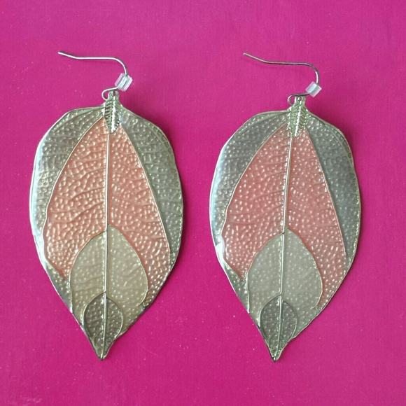 Peach and Gold Leaf Earrings