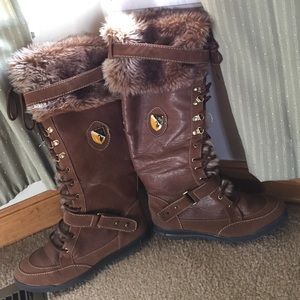 Brown Leather Fur Cuff Boots