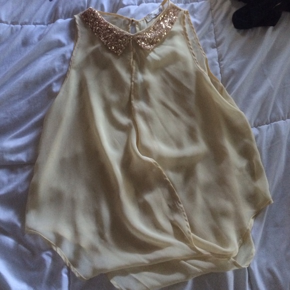 Sheer chiffon cream top with gold sequin collar