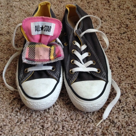Gray, yellow and pink chucks.