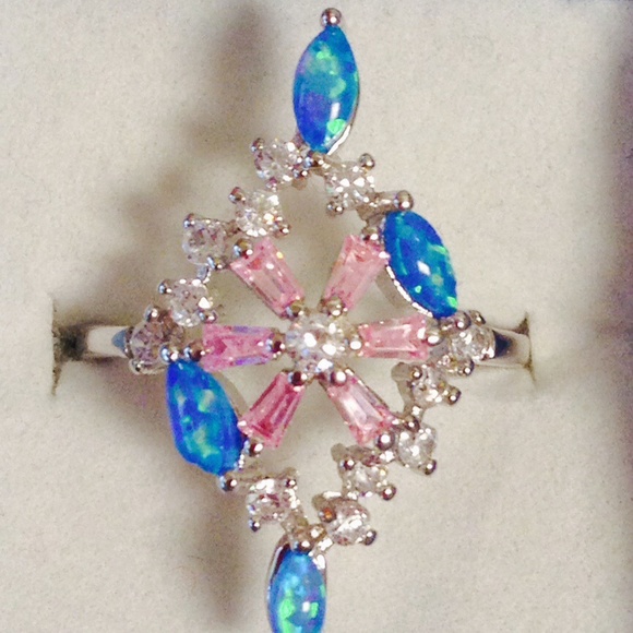 Fire Opal Pink Topaz Silver Ring, Sz 8