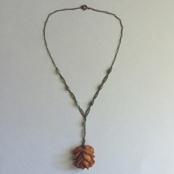 Bakelite  Jewelry - Vintage Carved Bakelite Rose Pendant Necklace