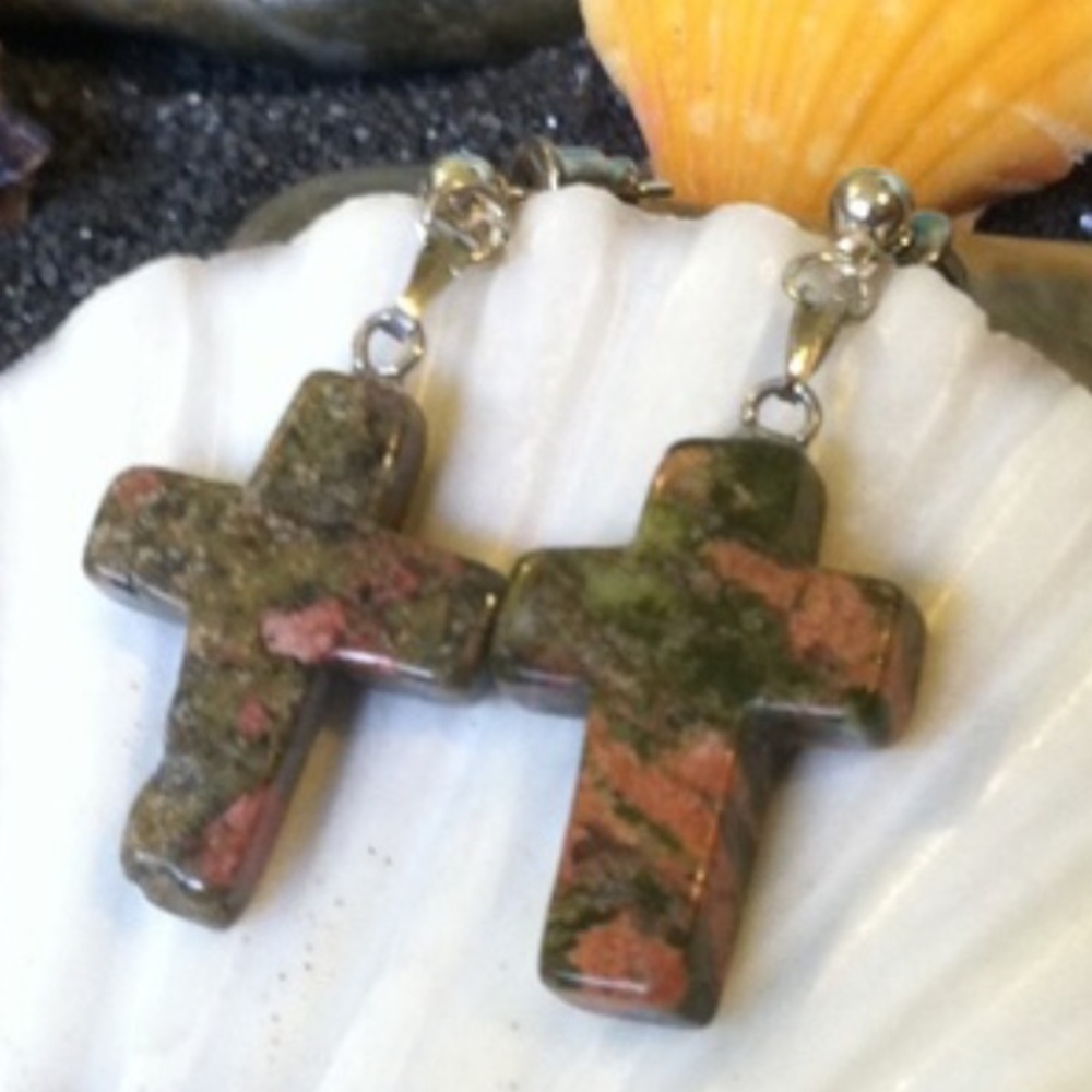 Unakite Cross Earrings Stainless Steel Posts - Picture 5 of 7