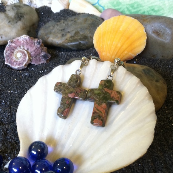Unakite Cross Earrings Stainless Steel Posts - Picture 6 of 7
