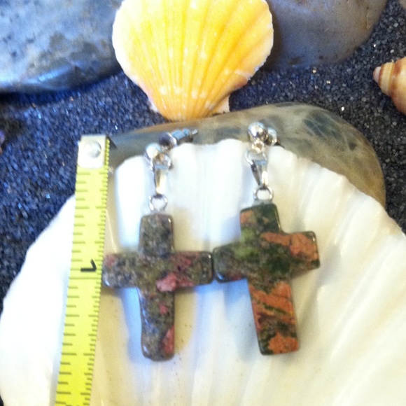 Unakite Cross Earrings Stainless Steel Posts - Picture 7 of 7
