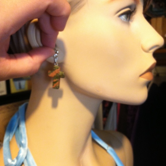 Unakite Cross Earrings Stainless Steel Posts - Picture 2 of 7