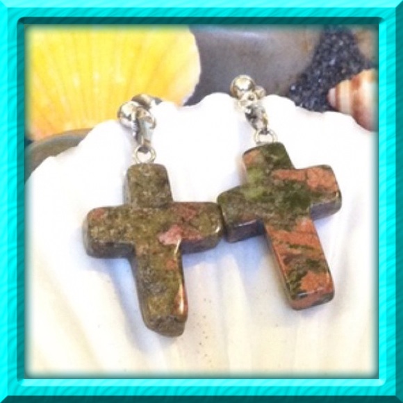 Unakite Cross Earrings Stainless Steel Posts - Picture 4 of 7