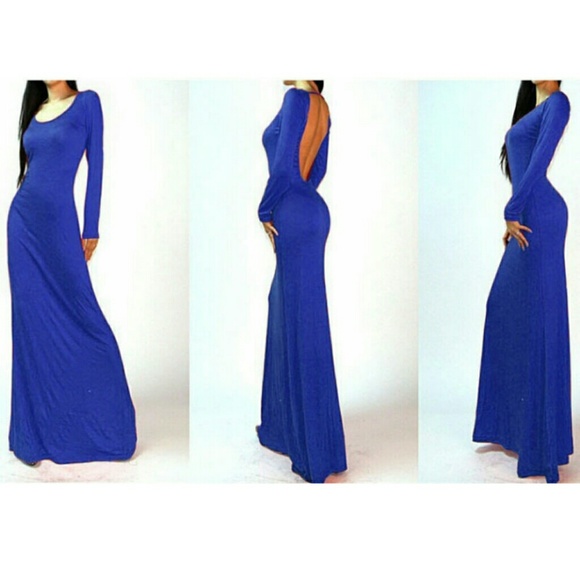 Long sleeve open back blue maxi dress