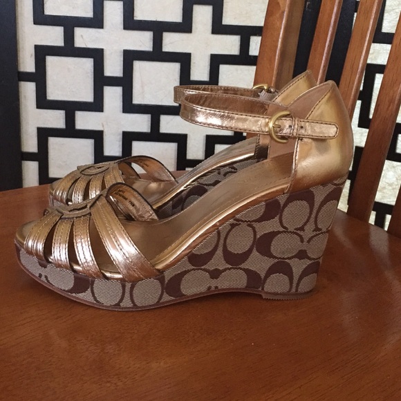 Coach Shoes - Coach gold leather Katherine wedge heels