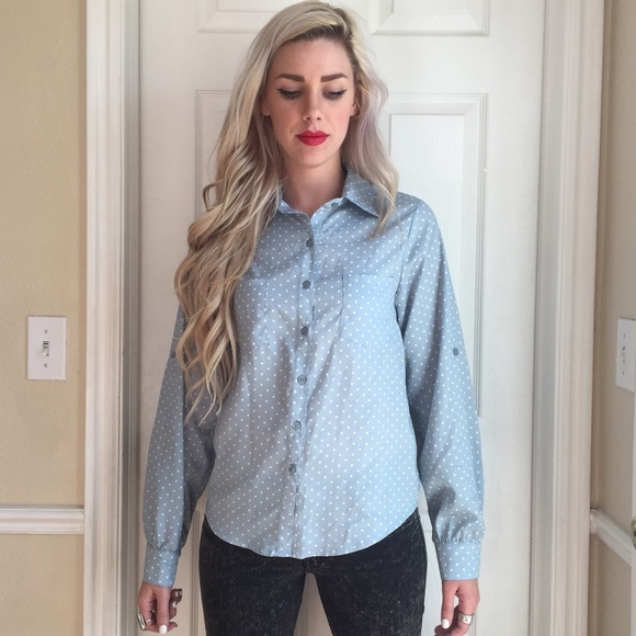 polka dot soft blue button up - Picture 2 of 3