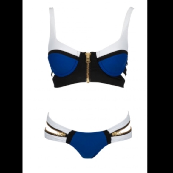 Blue and white color block zipper zip up bikini - Picture 3 of 3