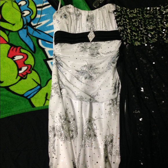 White, sparkly dress.